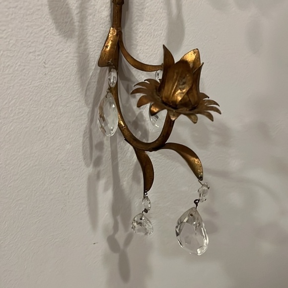 Vintage Hollywood Regency 18” Sconce Crystal Glass Prism Tole Metal - Gold Gilt - Picture 7 of 14